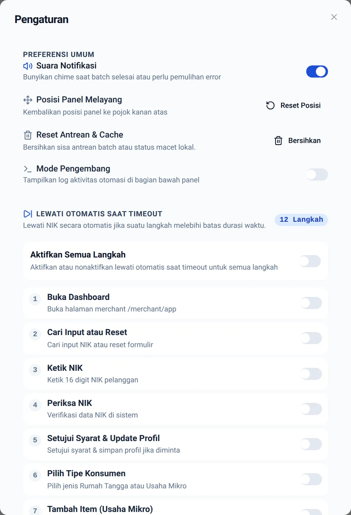 Menu pengaturan ekstensi M.A.P BOT dengan preferensi umum dan kontrol langkah.